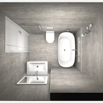 Birds eye view of new white and grey bathroom, Richmond London