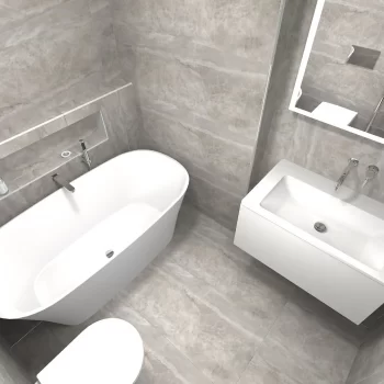 White sink, bath and toilet in grey bathroom in Richmond, London