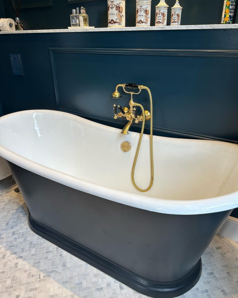 Deep Blue Bathroom with Brass Fixtures Bathroom Inspirations