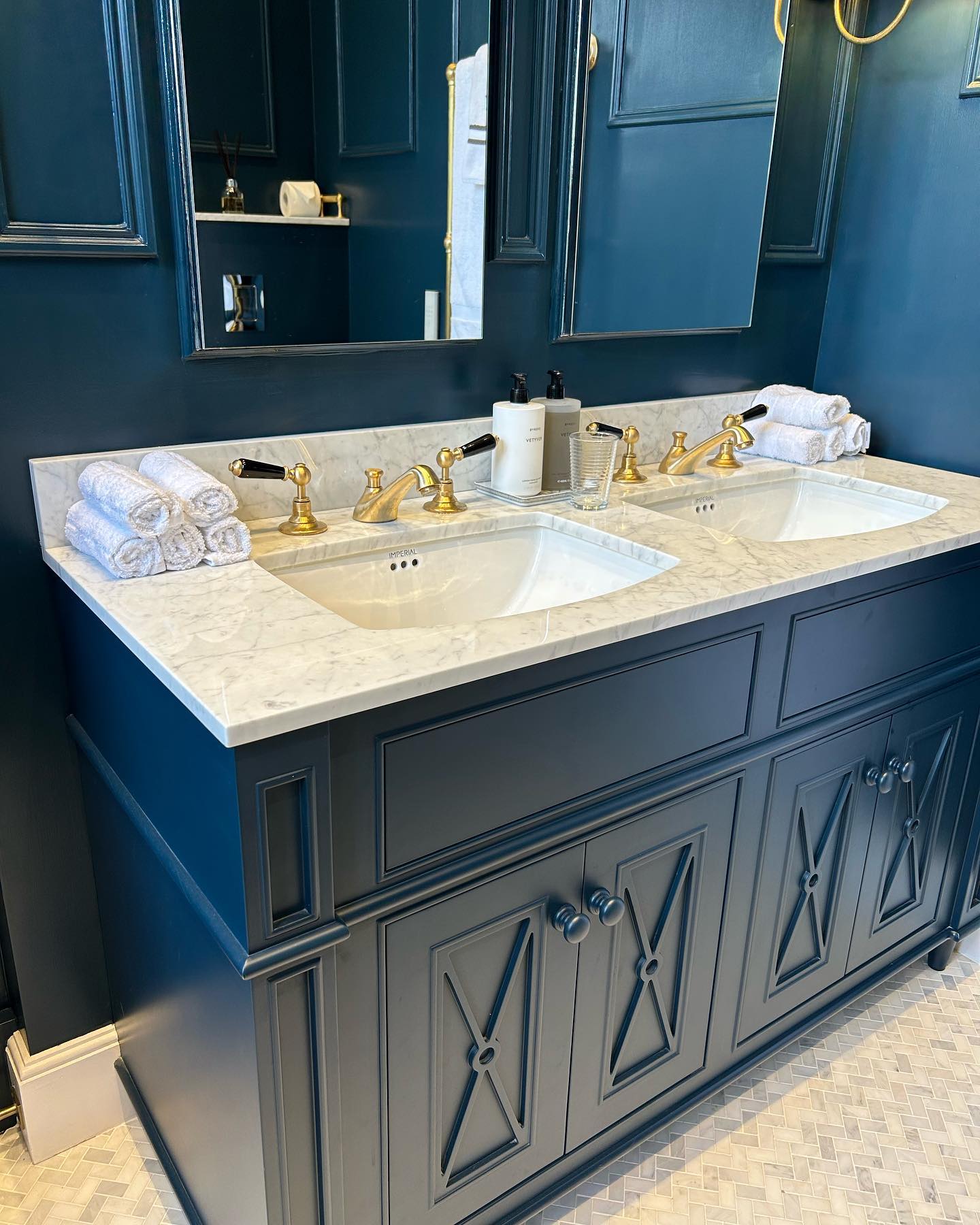 Deep Blue Bathroom with Brass Fixtures Bathroom Inspirations