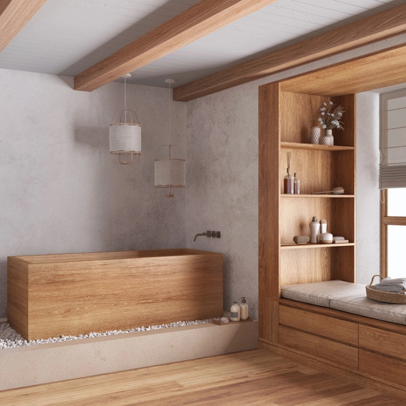 Japandi Style Bathroom walls, floor and accessories